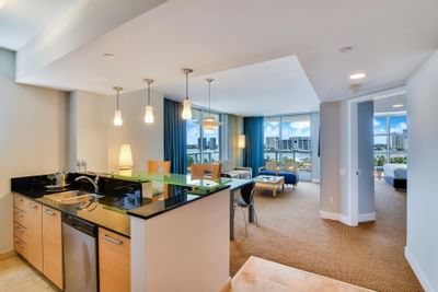 Kitchen, dining & living area in a room at Marenas Resort Miami