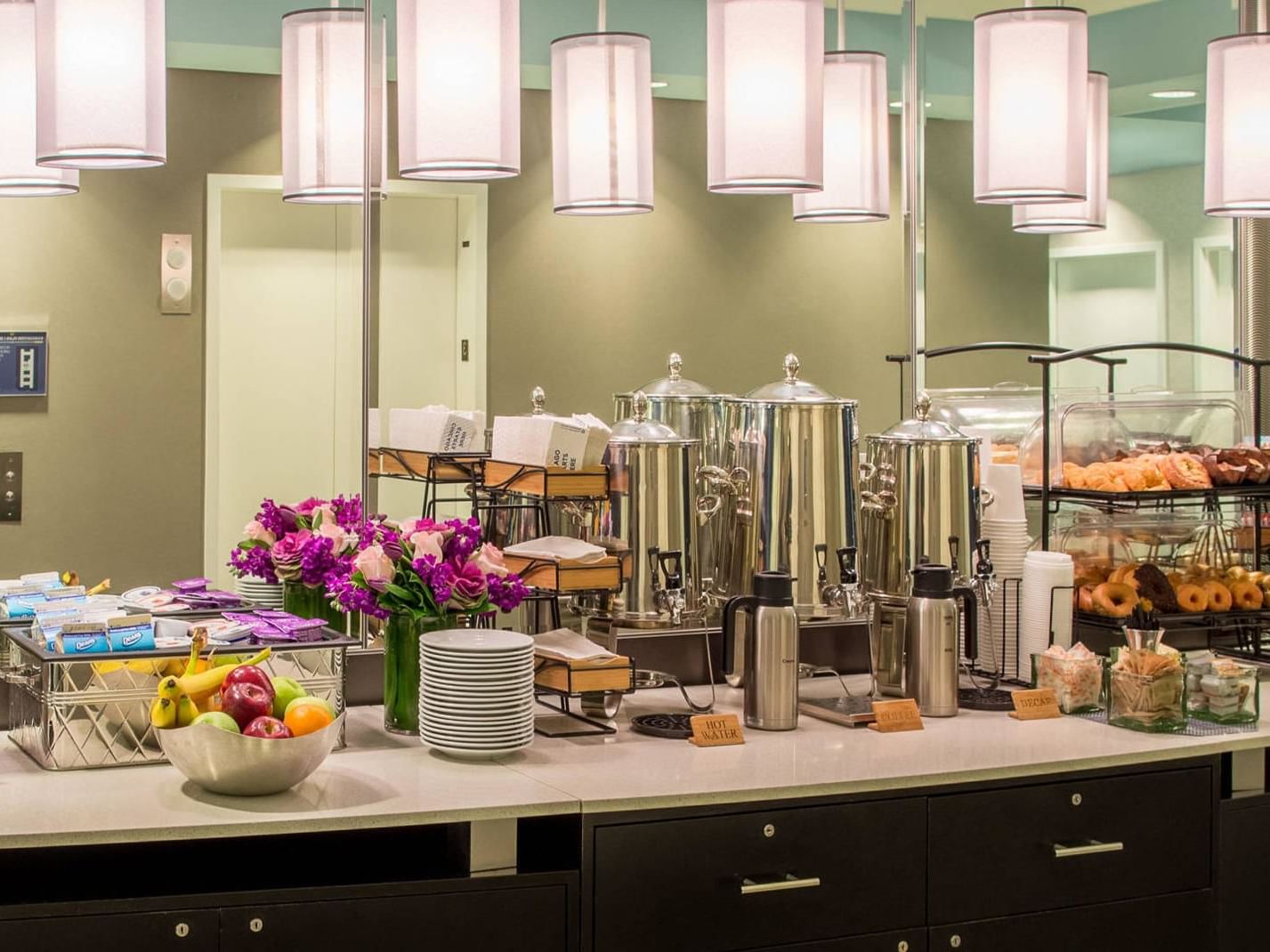 Close-up of a breakfast buffet in a restaurant at Kinzie Hotel