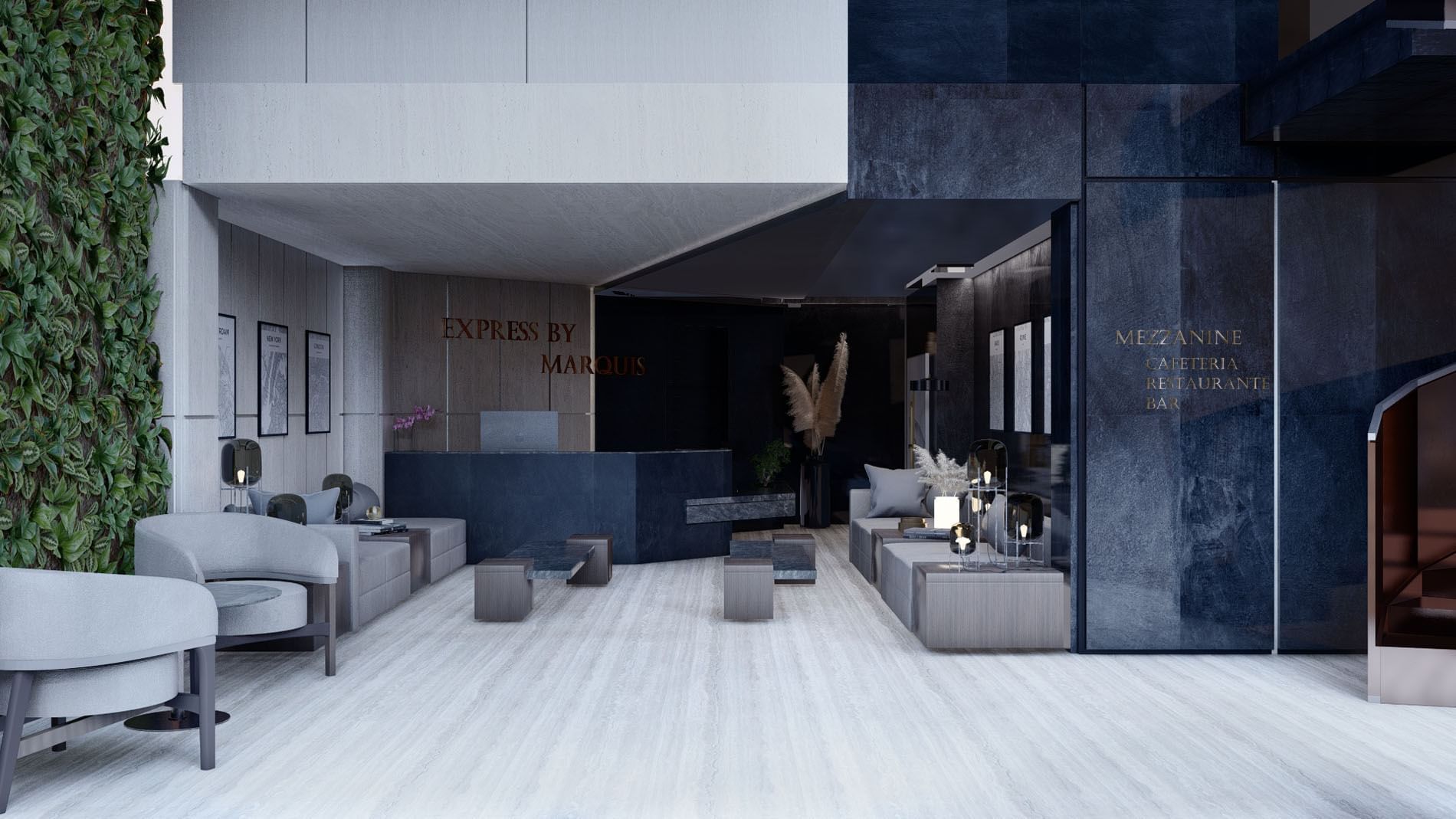 Sala de recepción elegante con mobiliario moderno y paredes de mármol en Elements by Marquis