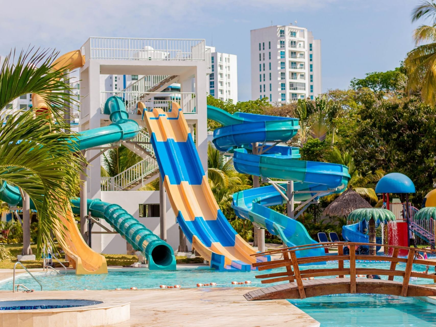 Landscape view of water slides at Playa Blanca Beach Resort