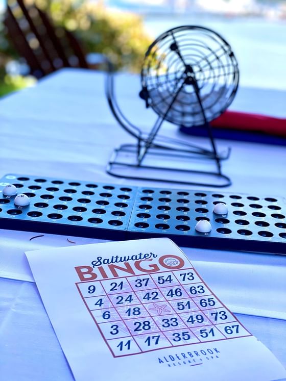 Table with bingo game items at Alderbrook Resort & Spa