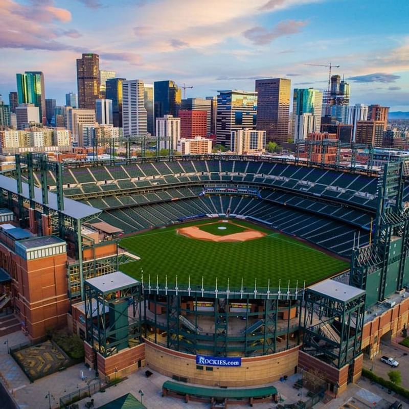 Ariel view of Coors Field Stadium and city at Warwick Denver