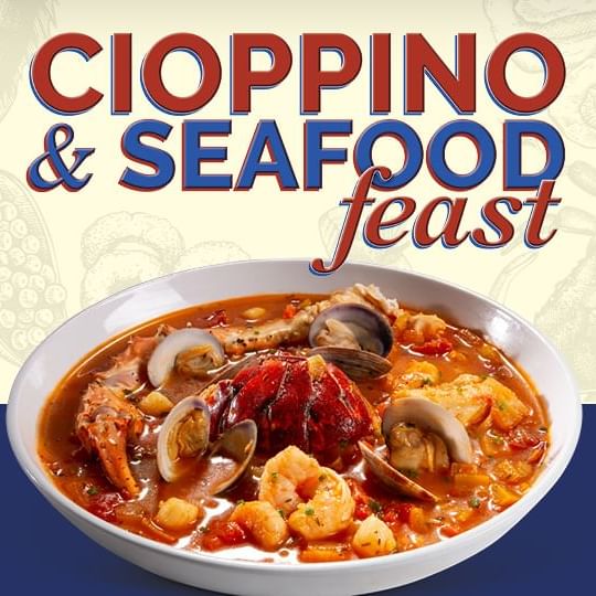 Cioppino and Seafood Feast logo with bowl of Cioppino underneath