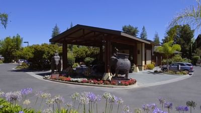 car parking area with flowers