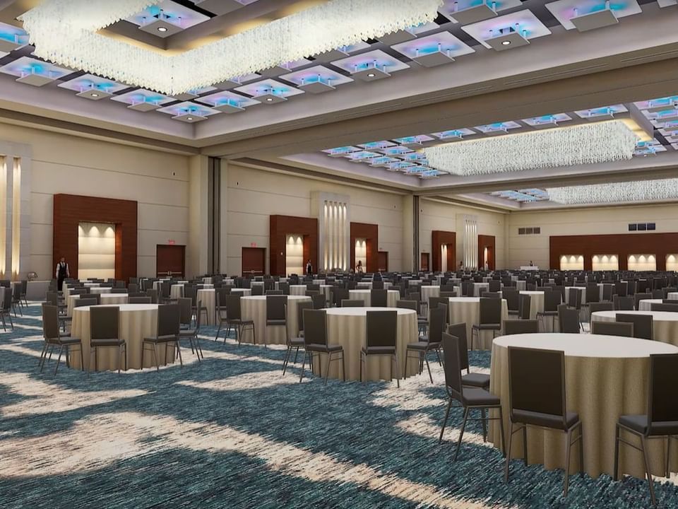 Concept design of banquet tables arranged in the spacious Grand Atlantic Ballroom at Las Casitas Village