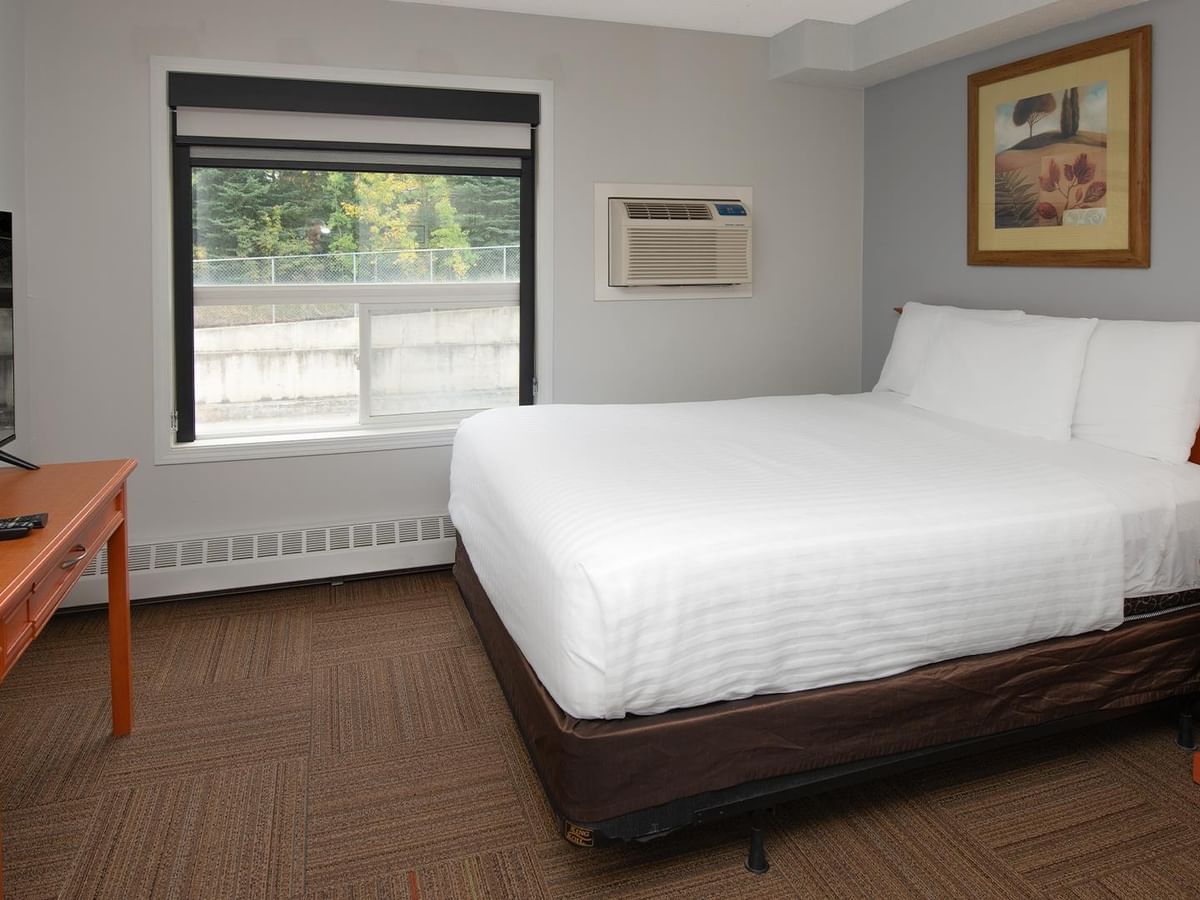 Coast Queen with Kitchenette featuring a queen bed and work desk.