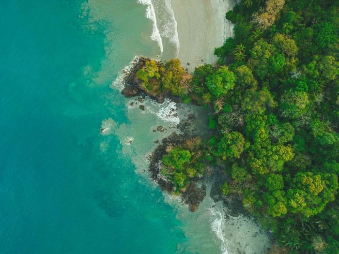 High aerial drone view over rocky coastline with turquoise ocean water meeting lush rainforest at Los Altos Resort