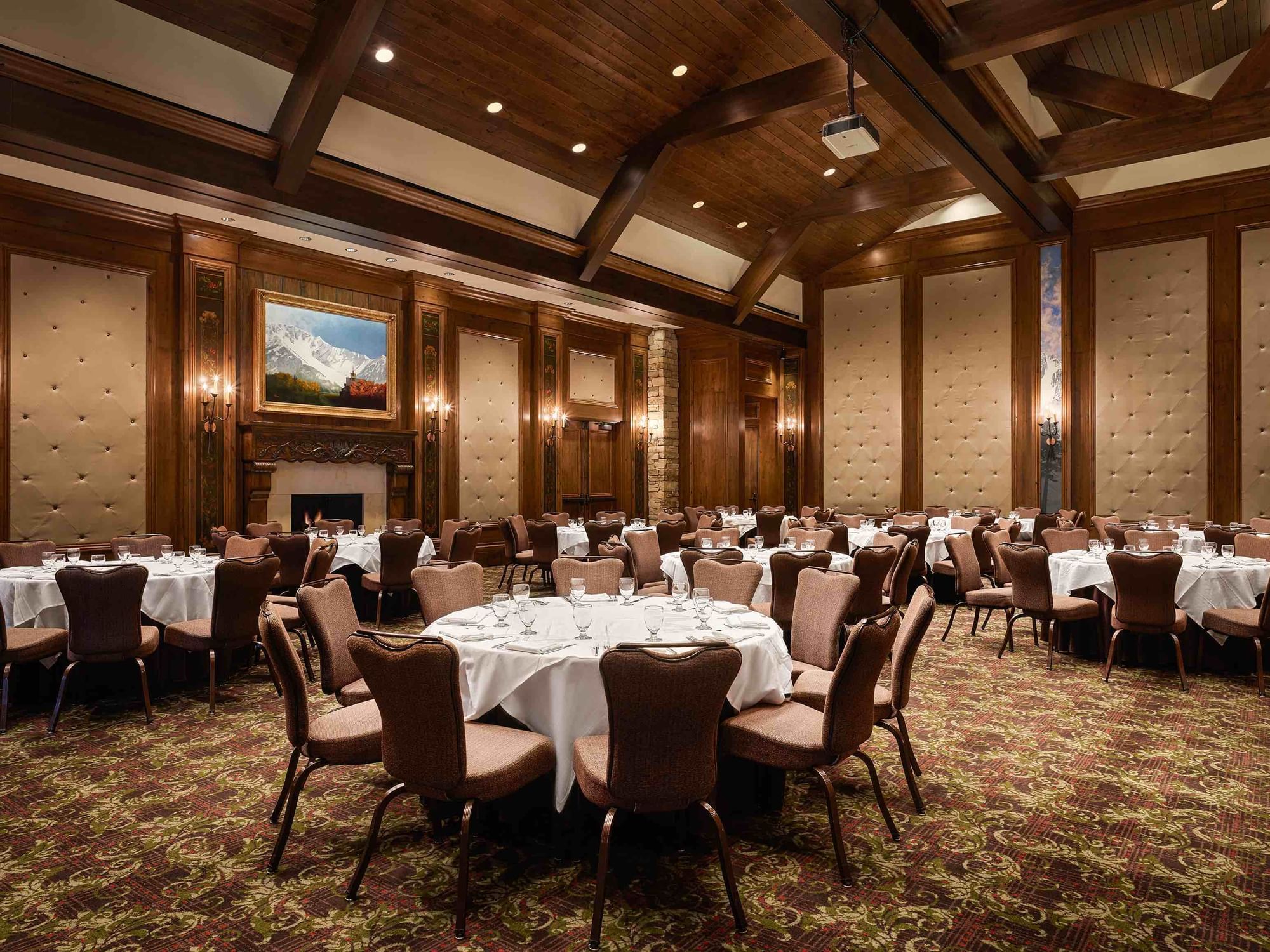 Banquet table setup in a Stein Ballroom at Stein Eriksen Lodge