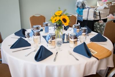 Close up of a banquet table setup for event at UMass Lowell Inn