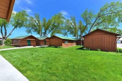 Charming log cabins with green roofs, surrounded by lush green grass and mature trees at Buffalo Bill Village
