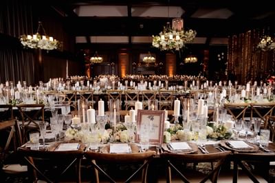 Arranged tables and chairs in a ballroom at Stein Eriksen Lodge