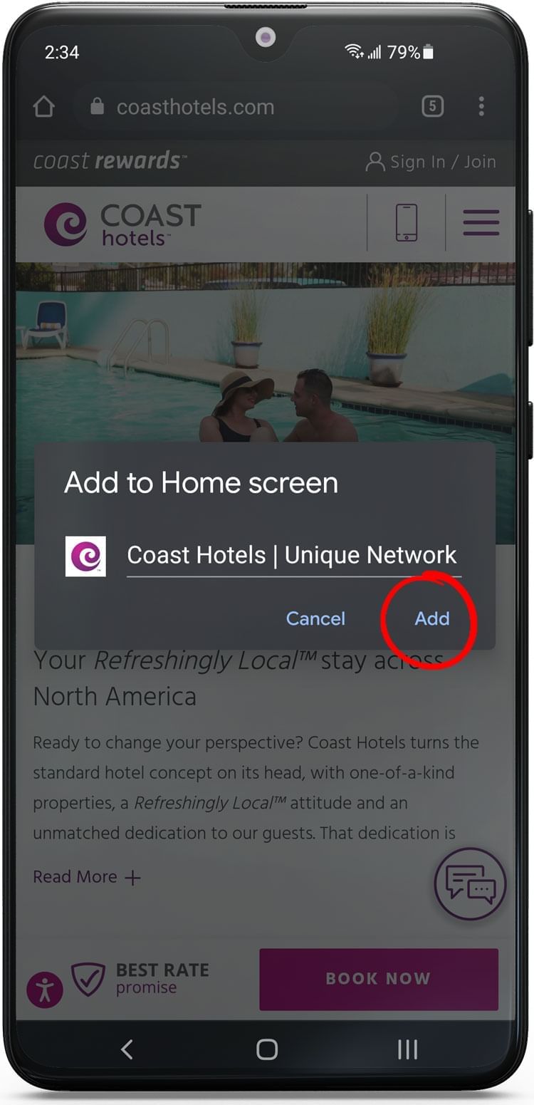 Android device with an arrow pointing to the Add button