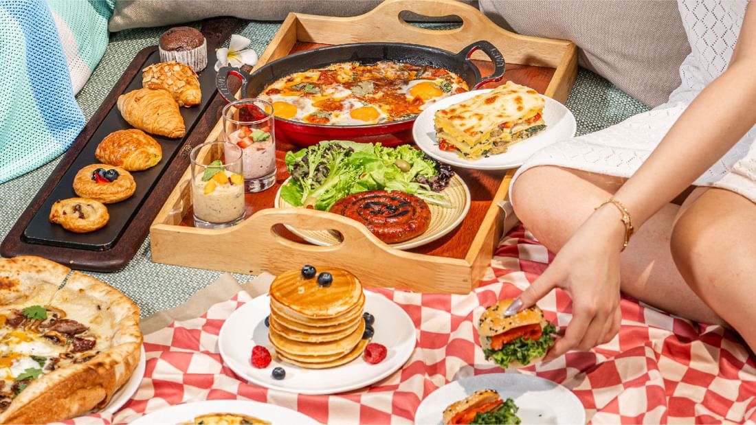 A brunch spread with pancakes, shakshuka and pastries at Sunway Resort