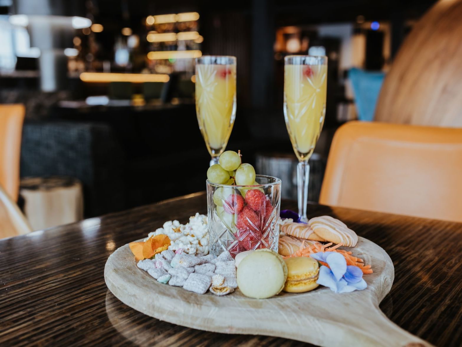 Spring charcuterie board with mimosas
