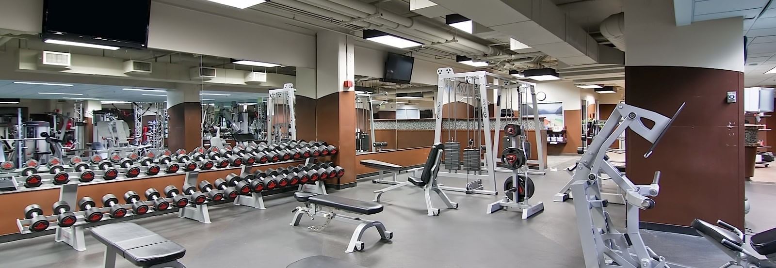 Interior of the fitness center with exercise machines at Grove