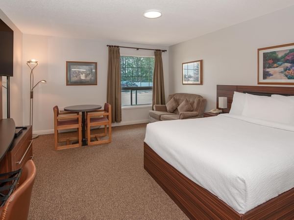 a spacious room with a queen bed, a table, a TV, and a sofa