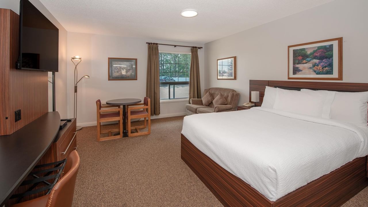 a spacious room with a queen bed, a table, a TV, and a sofa