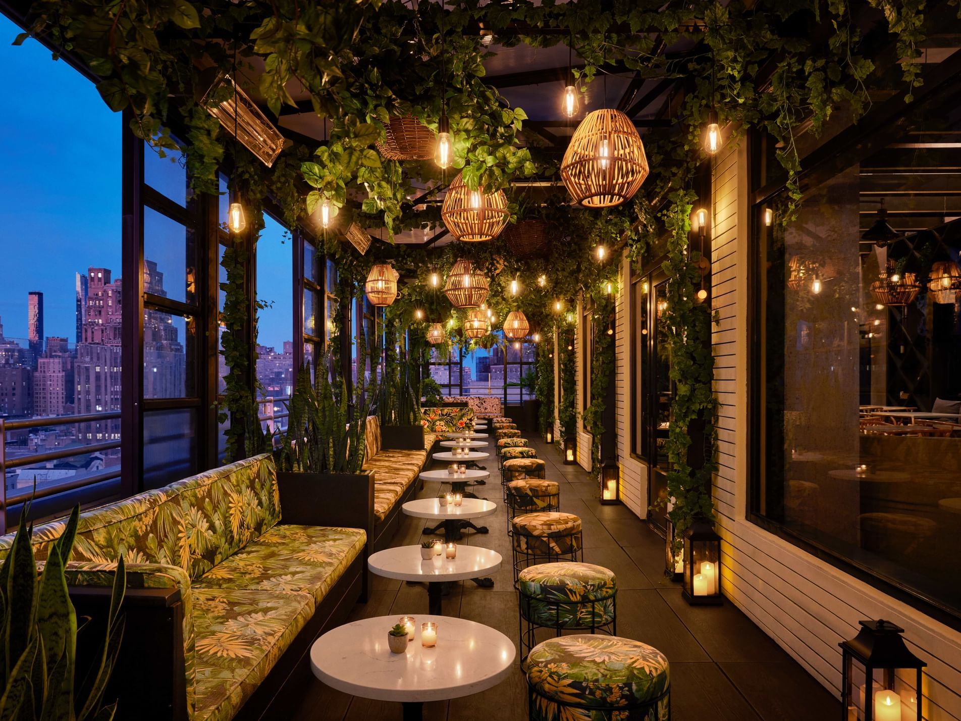 Gansevoort North Terrace outdoor seating with view of Manhattan skyline