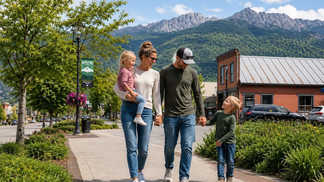 Family of four walking along a tree-lined street with snow-capped mountains in the background in Revelstoke