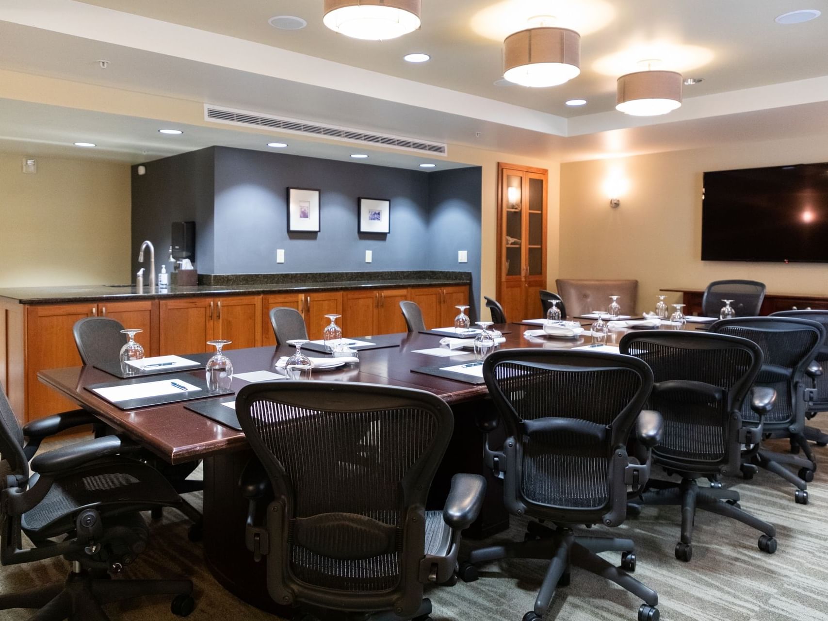 Conference table set-up in The Brothers Boardroom at Alderbrook Resort & Spa