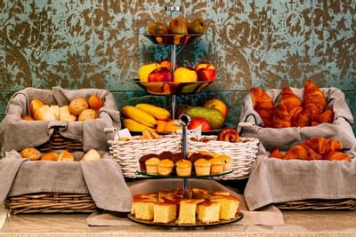 Breakfast buffet display in a restaurant at Hotel Bisanzio