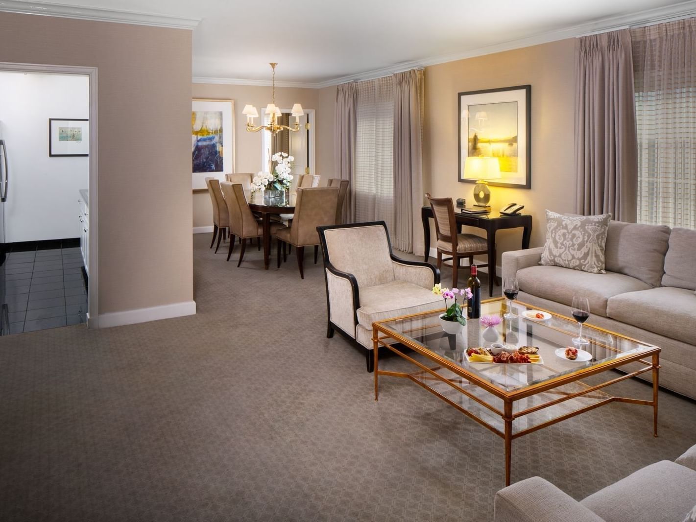 hotel living room with couches and chairs