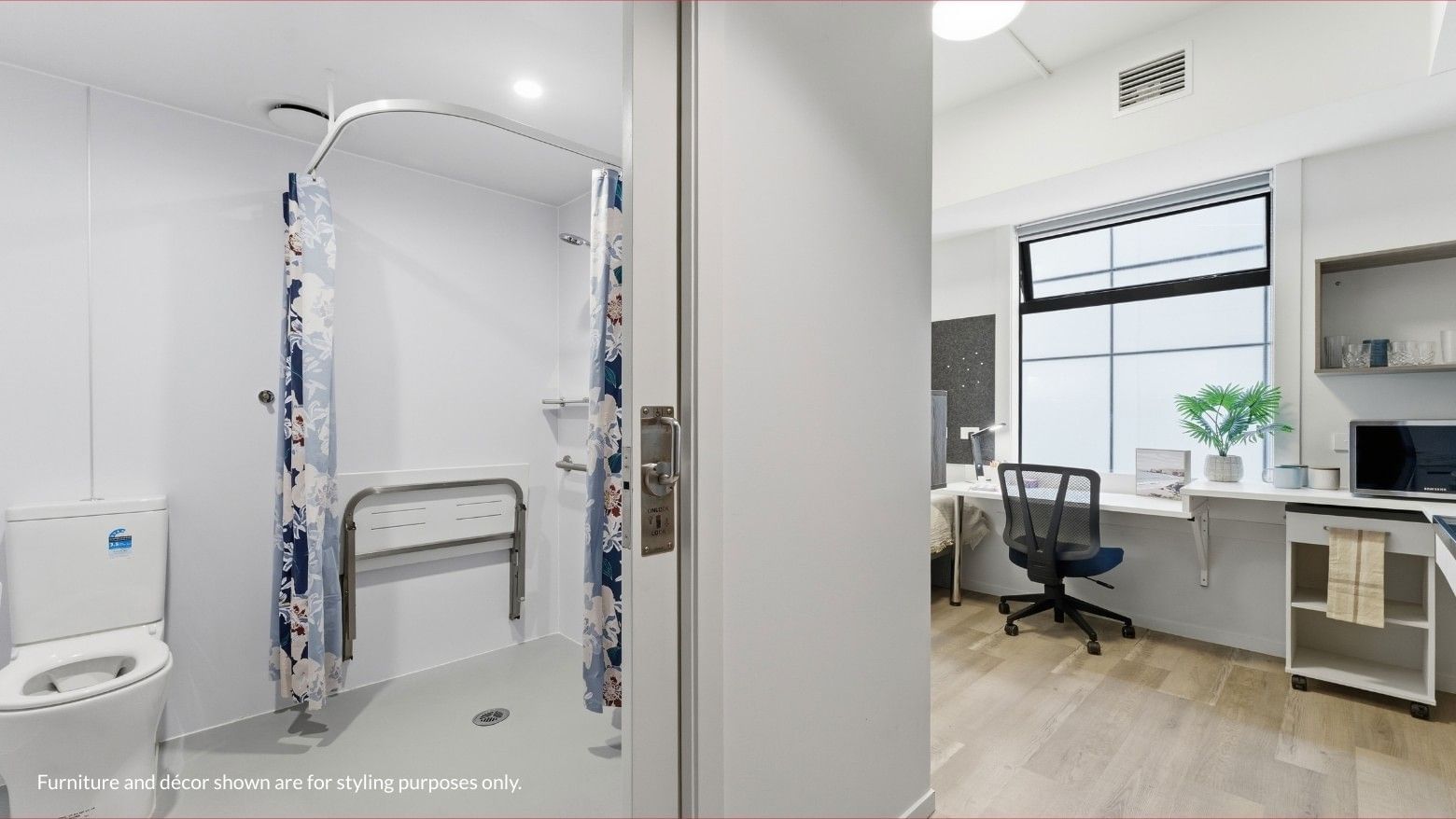 Bathroom and desk area in a modern room at Mayoral Drive Student Accommodation.