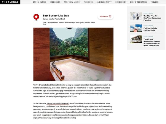Article published on The Plunge about Hotel Sumaq