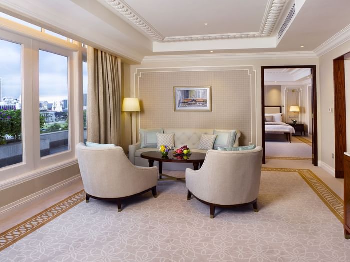 The living area in the Palladian Suite at The Fullerton Hotel Singapore