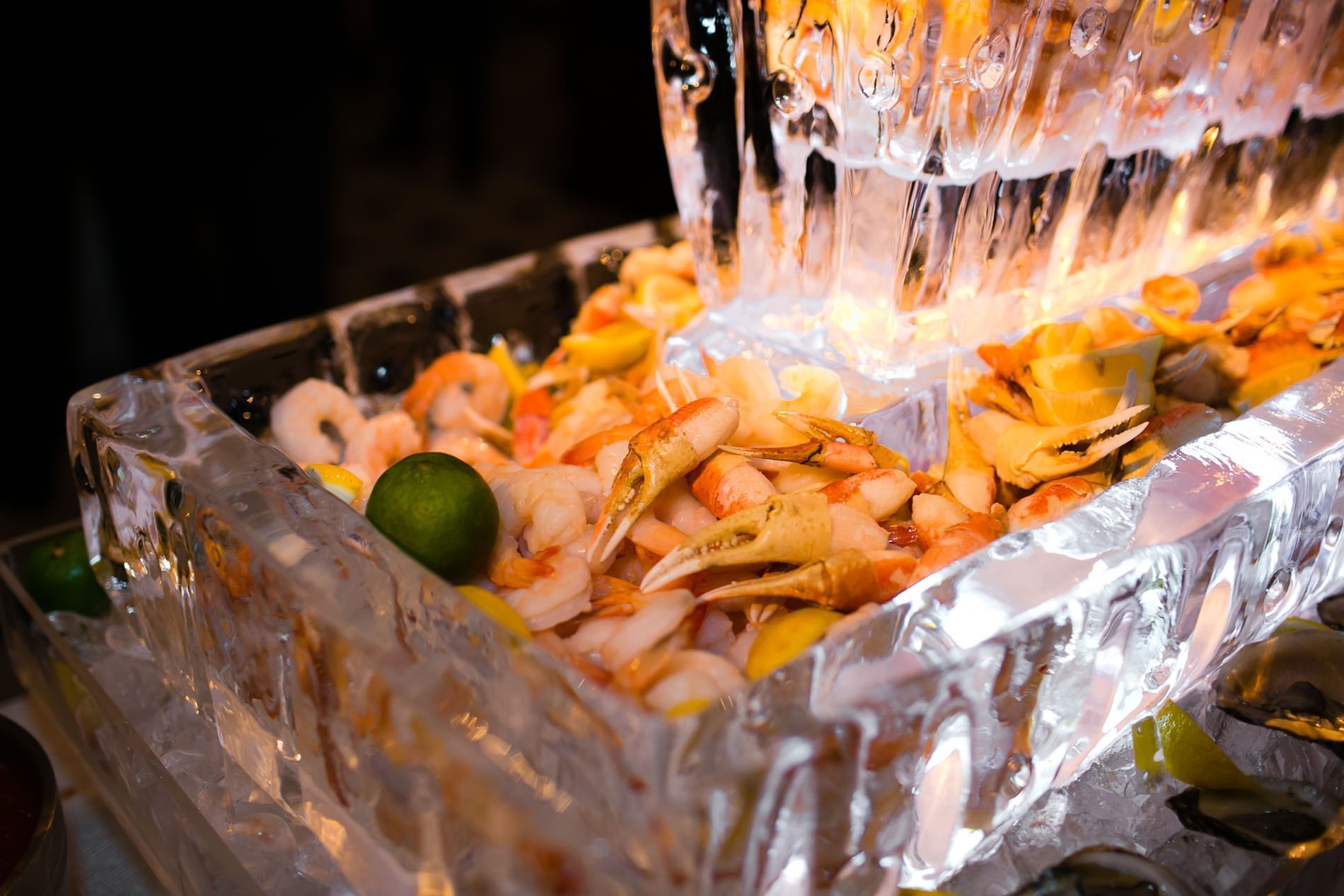 Crabs on an ice sculpture in Mark Coffee Shop at The Mayo Hotel