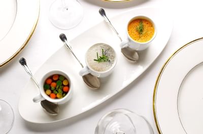 Top view of three cups of soup served at Goodwood Park Hotel