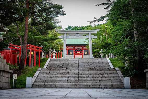 Low-angle view of Sumiyoshi Shrine near Grand Park Otaru