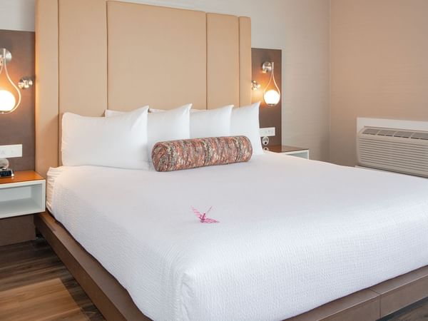 Hotel guestroom with a king size bed