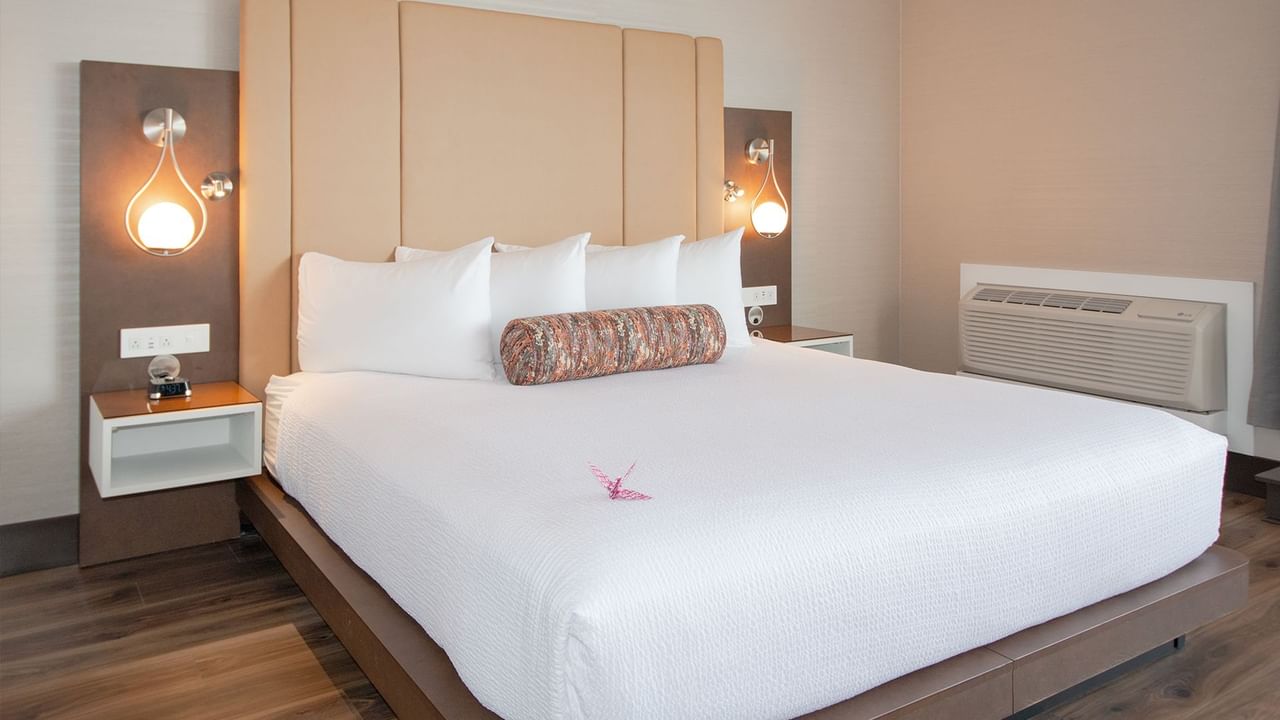 Hotel guestroom with a king size bed