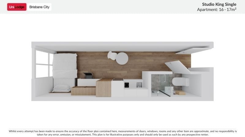 Studio King Single Apartment floor plan at UniLodge Brisbane City.