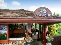 High angle view of the hotel entrance & sign board at Paradise Bay Resort