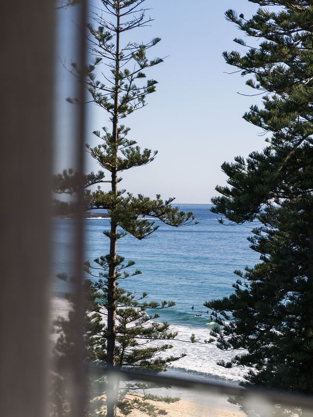 The Cove Rooms at Elysium Manly, with surfers in the blue sea under pine trees, perfect for Manly event venues