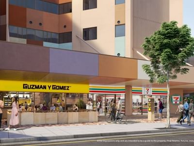 Rendering of UniLodge Brisbane City with 7-Eleven and Guzman y Gomez storefronts.