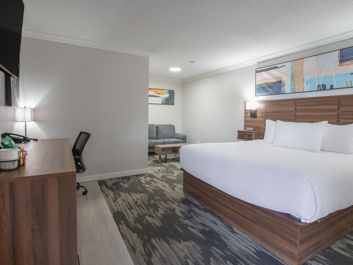 Spacious hotel room with modern furniture, cozy bedding, and a work desk.