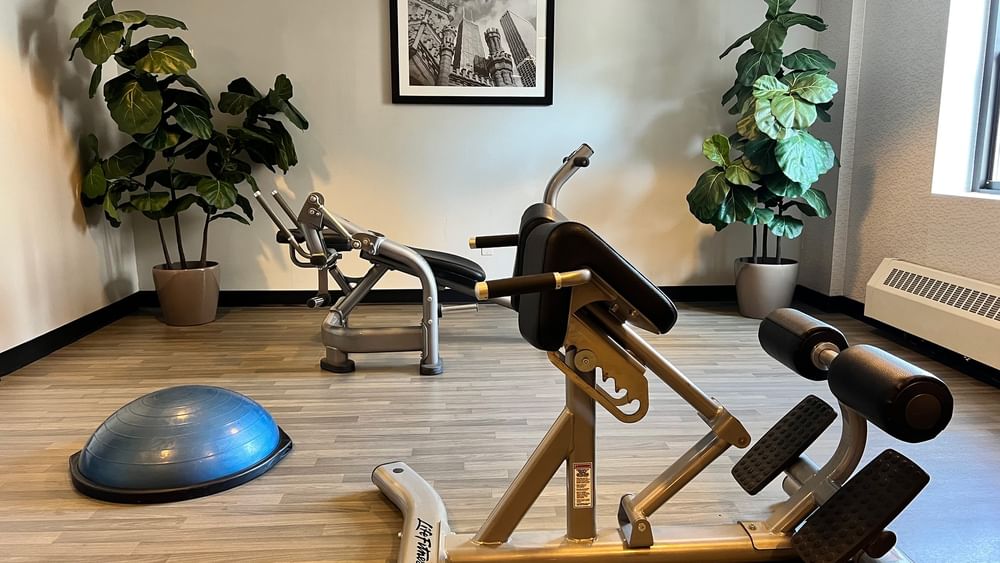 Modern fitness center with treadmills and exercise bikes at Warwick Allerton - Chicago in Chicago.