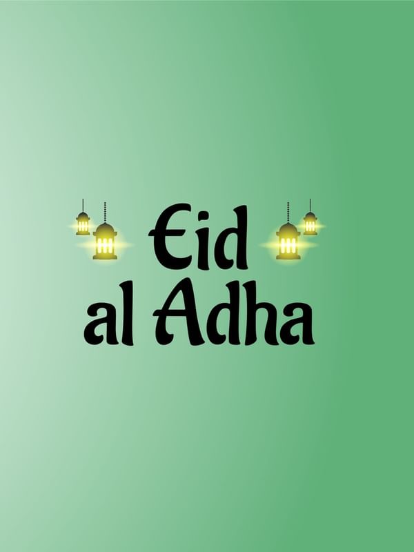 Eid al-Adha poster featuring a cow &a goat, and a sheep on a green background at Saja Warwick Madinah