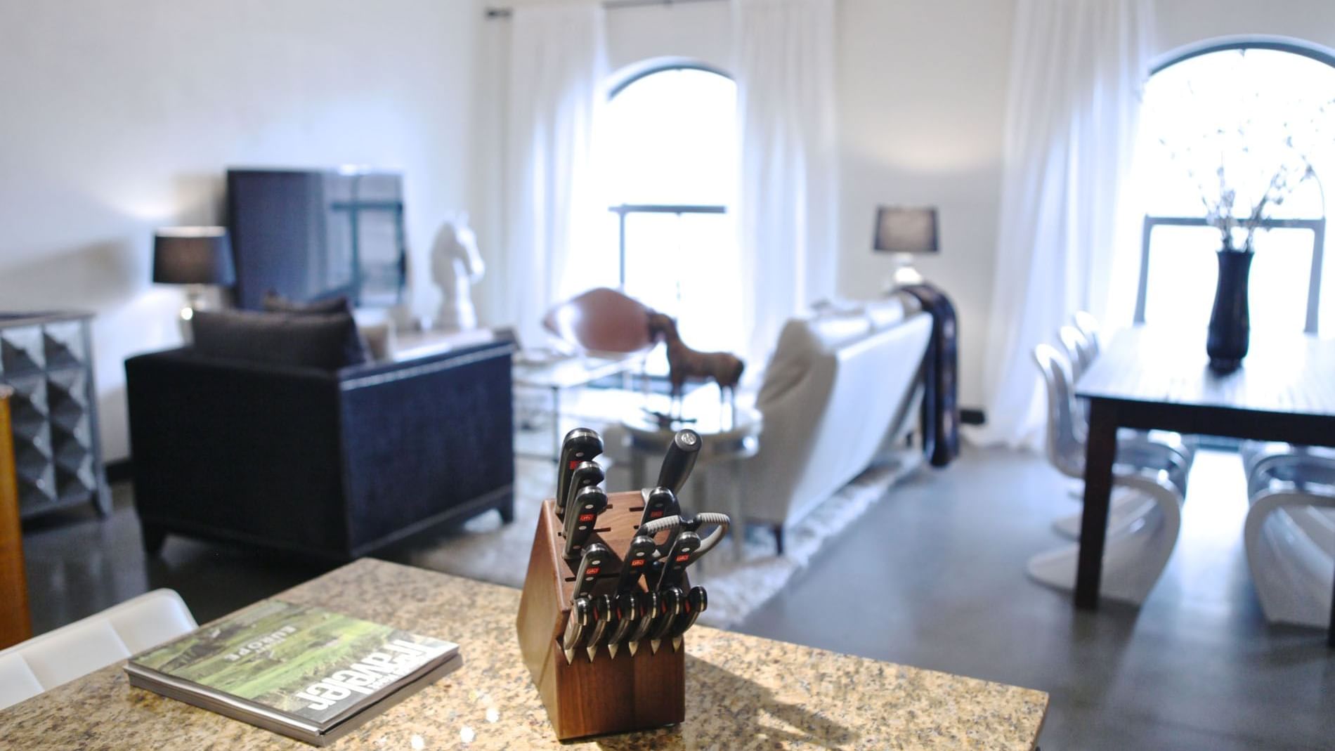 Close-up of knives on pantry in Unit N Terrace, The Mayo Hotel