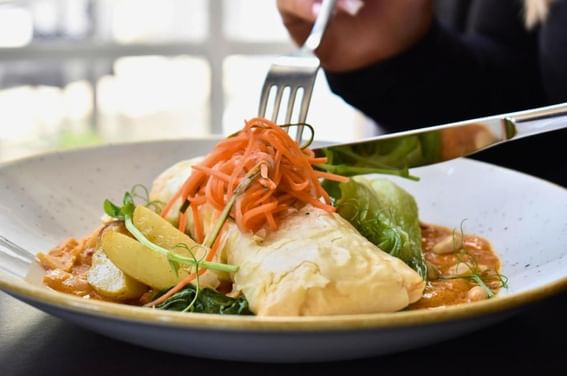 Salmon spring roll from the restaurant menu at Gorse Hill in Surrey