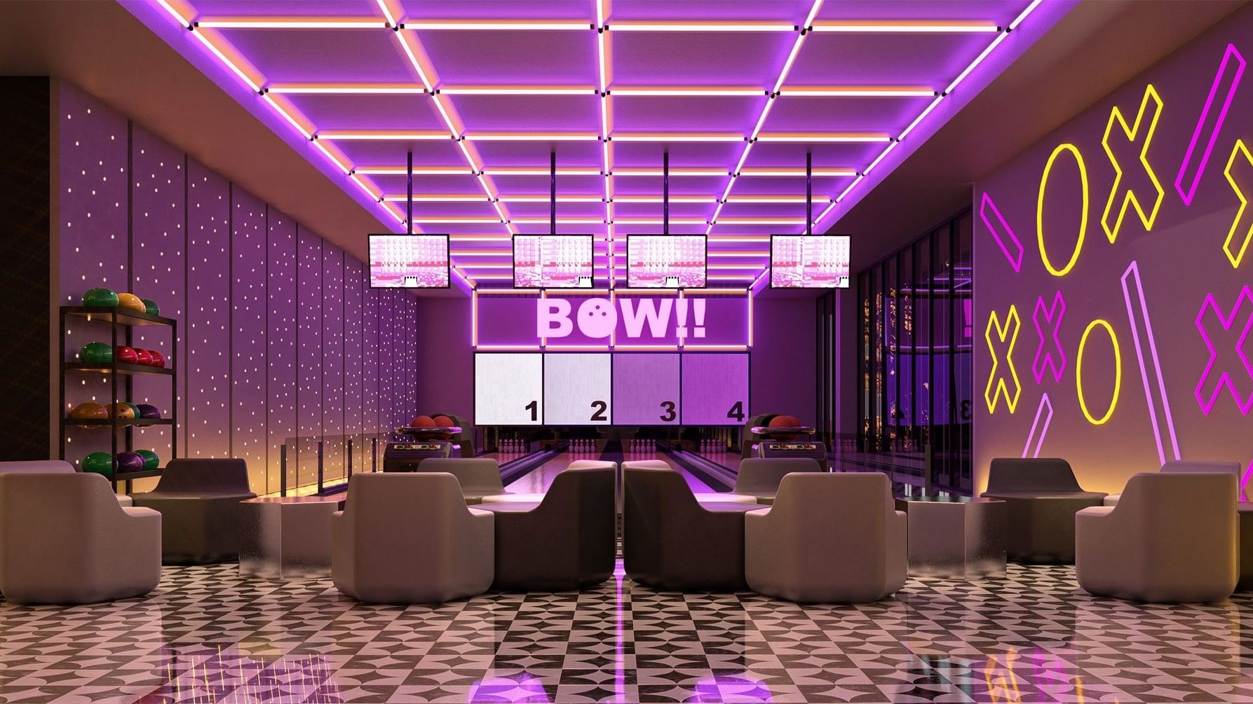 Bolera iluminada con neón en Fiesta Americana Funeeq Punta Cana con luces moradas y decoración moderna