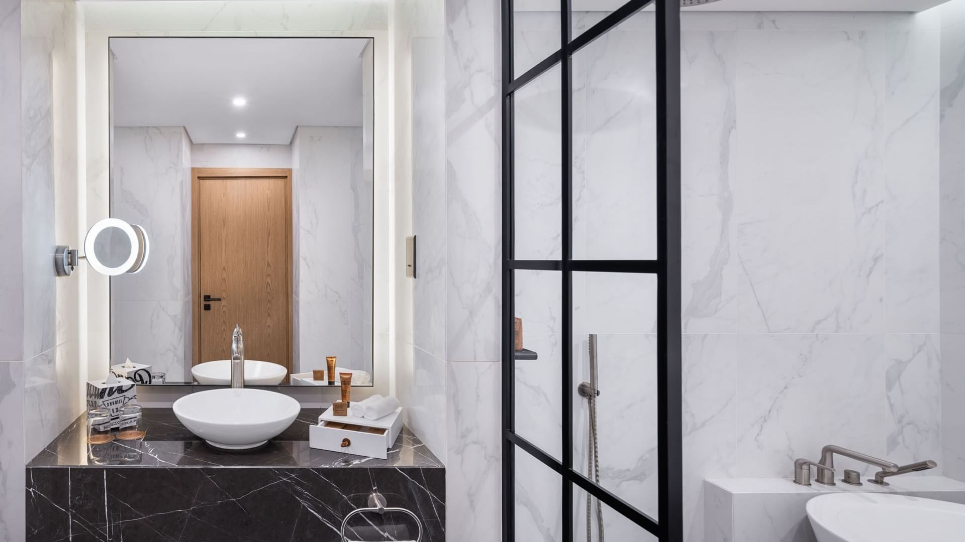 Bathroom interior with vanity and shower area in Scene Room at Paramount Hotel Midtown