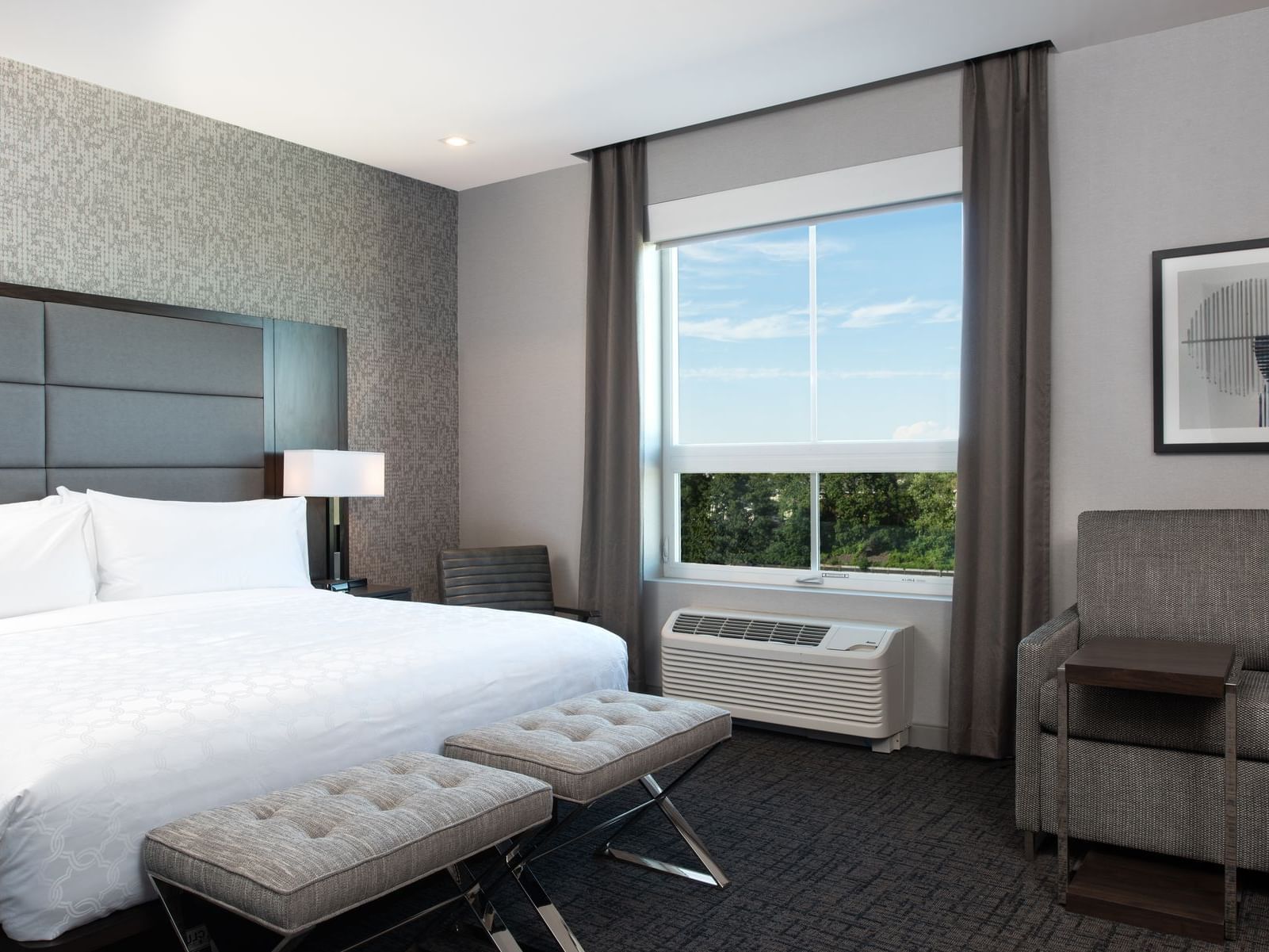 king bed next to window in modern hotel room
