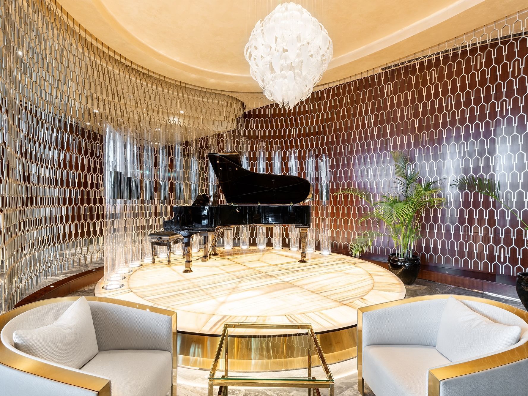 The grand piano in the lounge area at Paramount Hotel Dubai