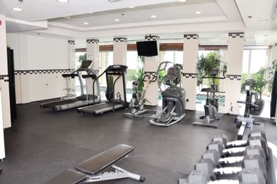 Fitness room with lake view.