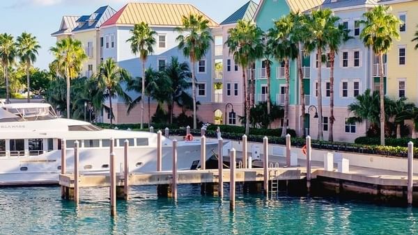 Yacht docked at a marina in Downtown Nassau near Warwick Paradise Island Bahamas