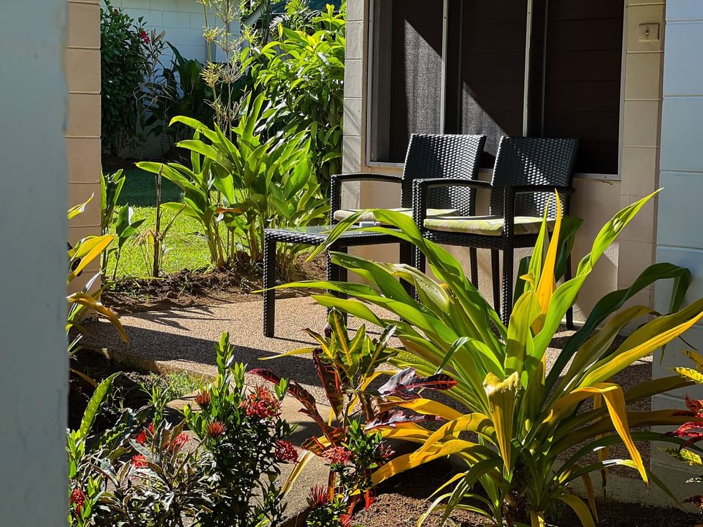 Two chairs on the patio of Studio Villa at Tokatoka Resort Nadi Fiji International Airport.